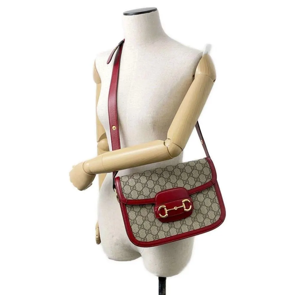 Gucci Beige/Red GG Canvas and Leather 1955 Horsebit Shoulder Bag Beige Canvas Very good - Model View