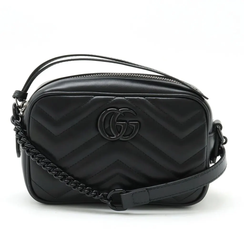 Gucci Black Calfskin Leather GG Marmont Mini Chain Shoulder Bag Black Leather Very good - Front View