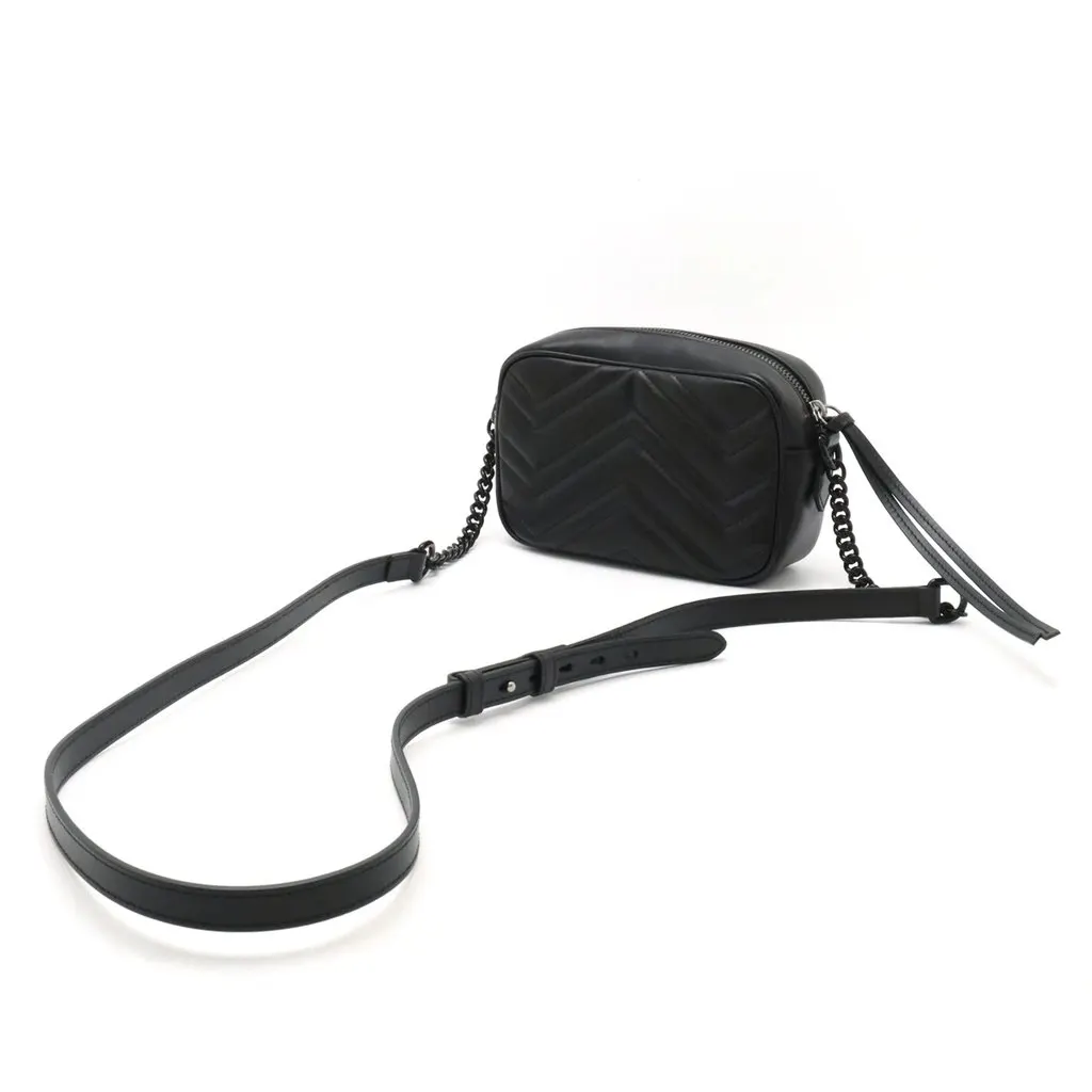 Gucci Black Calfskin Leather GG Marmont Mini Chain Shoulder Bag Black Leather Very good - Back View