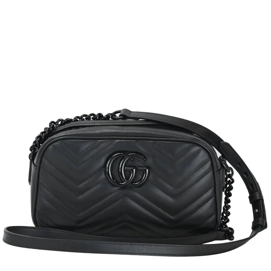 Gucci Black Calfskin Leather GG Marmont Small Chain Shoulder Bag Black Leather Very good - Front View