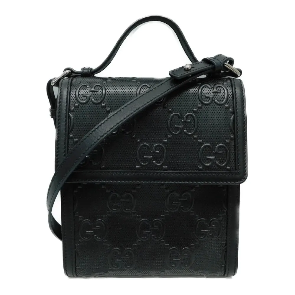 Gucci Black Embossed GG Leather Messenger Bag Black Leather Very good - Front View
