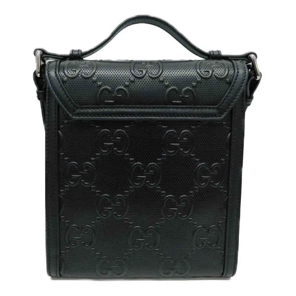 Gucci Black Embossed GG Leather Messenger Bag Black Leather Very good - Back View