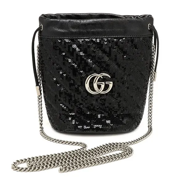 Gucci Black Sequin and Leather Mini GG Marmont Bucket Bag Black Leather Never worn - Front View