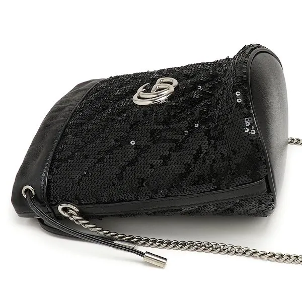 Gucci Black Sequin and Leather Mini GG Marmont Bucket Bag Black Leather Never worn - Box View