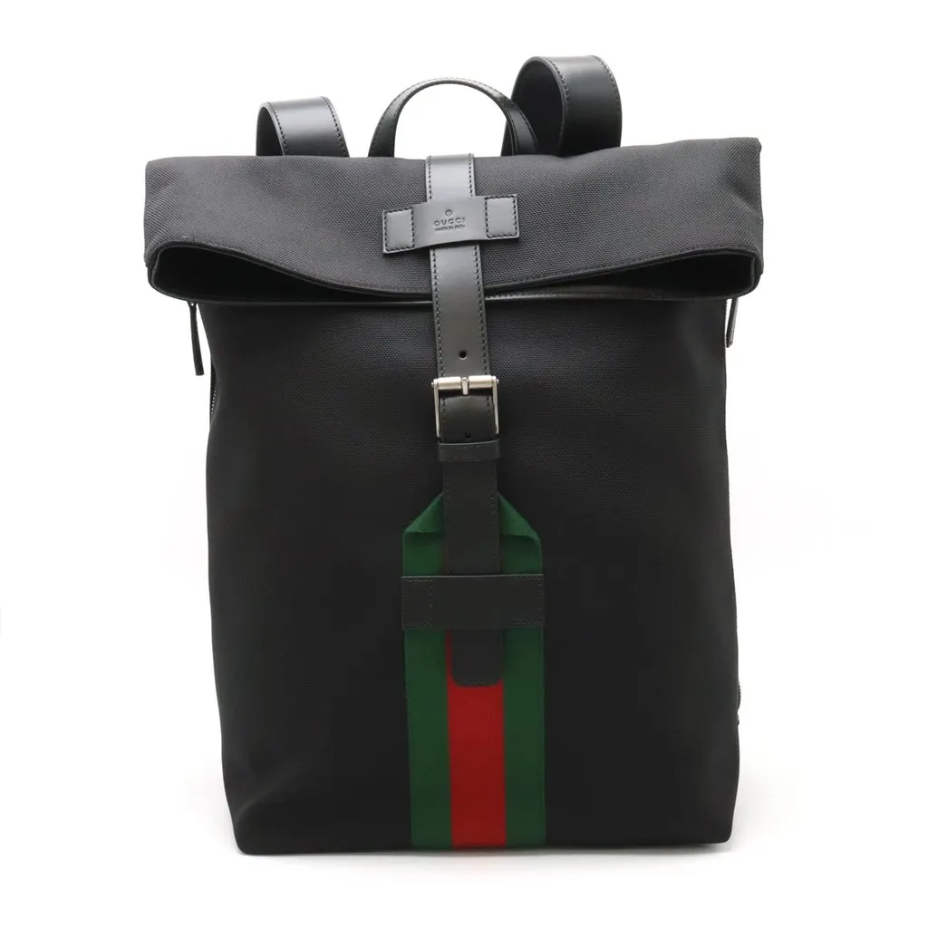 Gucci Black Techno Canvas Web Fold Over Backpack Black Canvas Very good - Front View