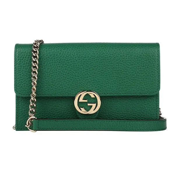Gucci Green Calfskin Leather Dollar Interlocking G Chain Shoulder Bag Green Leather Never worn - Front View