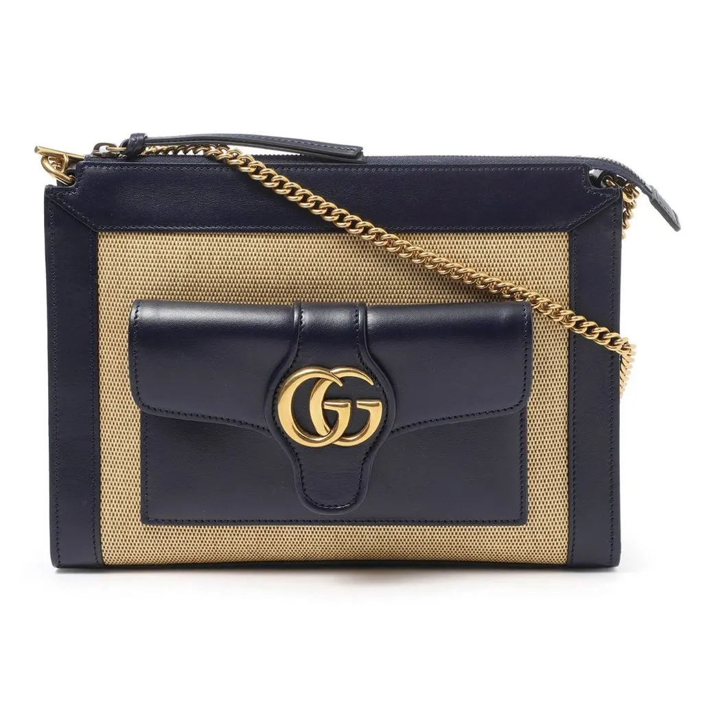 Gucci Navy Blue/Beige Small Dahlia Chain Shoulder Bag Beige Very good - Front View