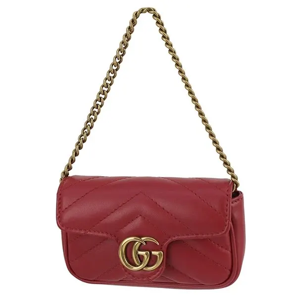 Gucci Red Calfskin Leather Mini GG Marmont Chain Shoulder Bag Red Leather Very good - Front View