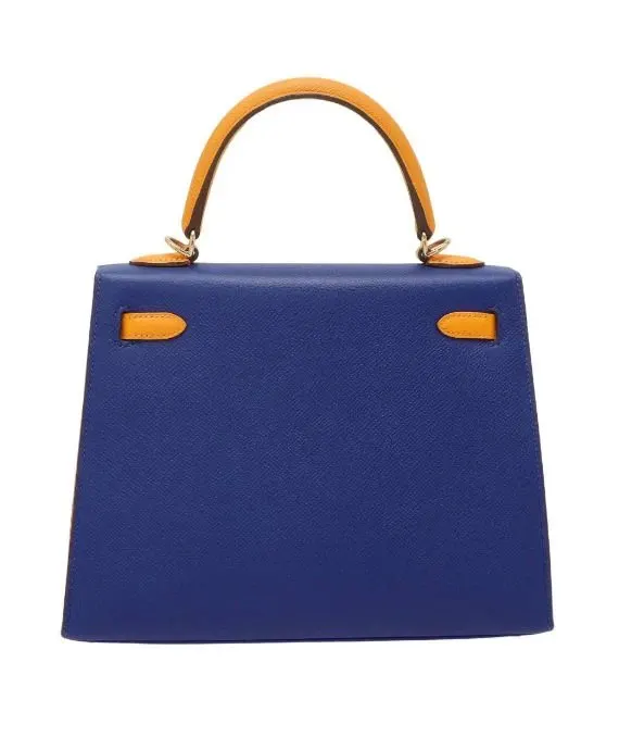 Hermès 2017 (Stamp A) Size 25 Epsom Leather Kelly in Blue Electric and Jaune Ambre Color with Gold Hardware Blue Leather Very good - Inside View