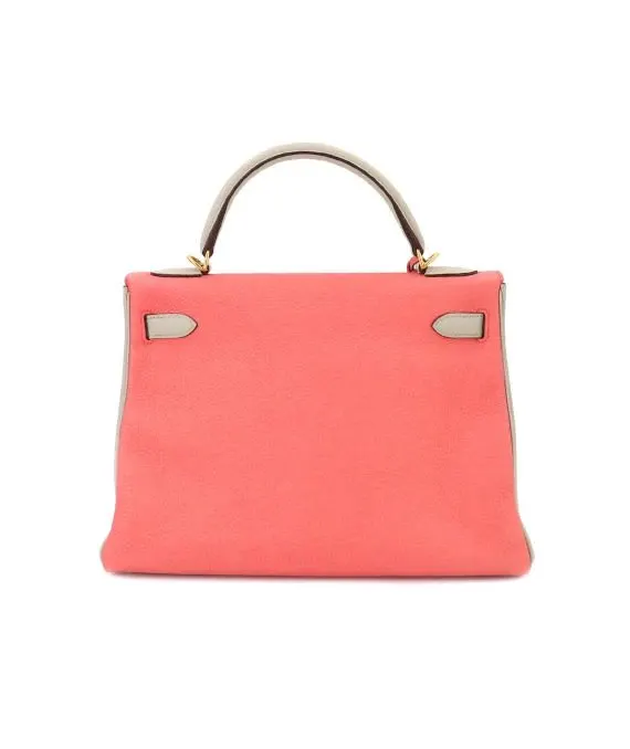 Hermès (Stamp T) Size 32 Tryon Clemence leather Kelly in Rose Azareth × Grease Pearl Color with Gold Hardware Gold Leather Very good - Back View