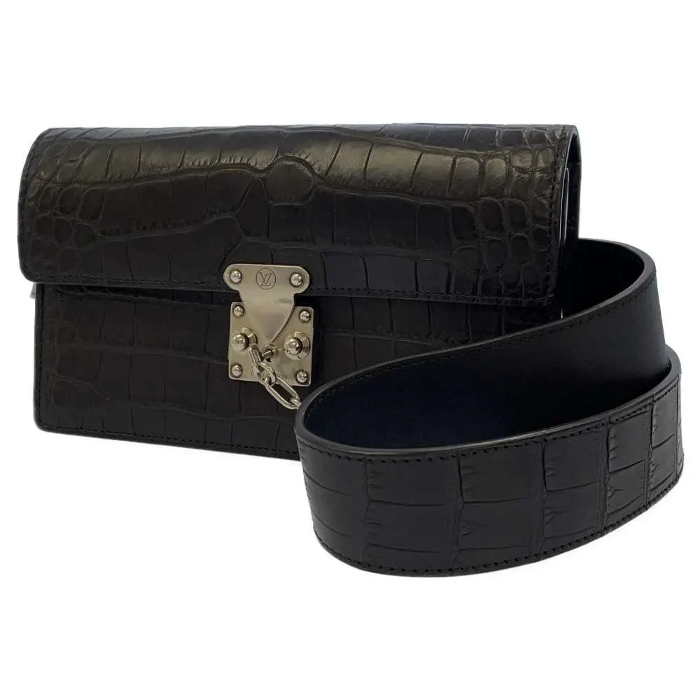 Louis Vuitton Black Crocodile Alligator Leather Waist Belt Bag Black Leather Very good - Front View