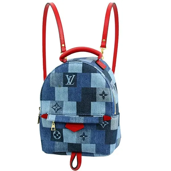 Louis Vuitton Denim Damier Monogram Patchwork Palm Springs Backpack Mini Blue Rouge Blue Canvas Very good - Front View