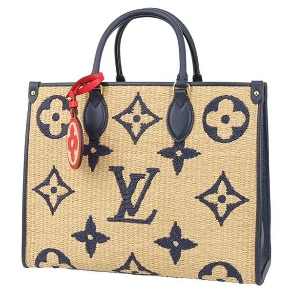 Louis Vuitton Blue Calfskin Monogram Raffia Giant On The Go MM Bag Blue Leather Never worn - Front View