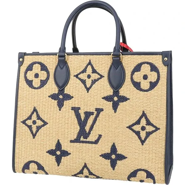 Louis Vuitton Blue Calfskin Monogram Raffia Giant On The Go MM Bag Blue Leather Never worn - Back View
