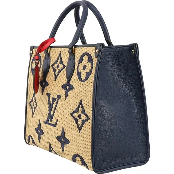 Louis Vuitton Blue Calfskin Monogram Raffia Giant On The Go MM Bag Blue Leather Never worn - Model View