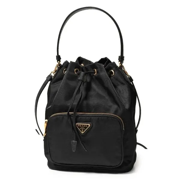 Prada Black Duet Nylon and Leather Drawstring Shoulder Bag Black Leather Never worn - Front View