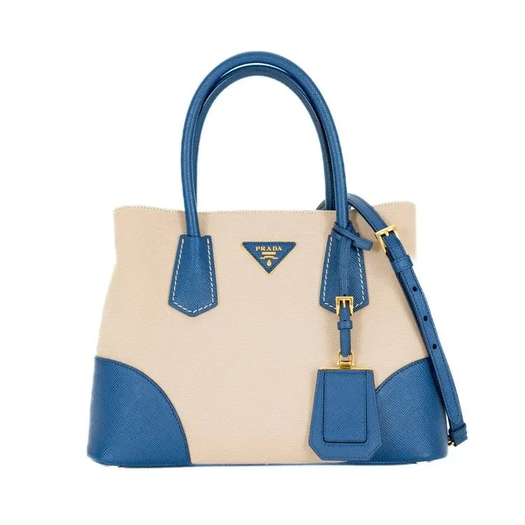 Prada Blue/Beige Canvas and Saffiano Leather Cuir Double Tote Bag Beige Canvas Very good - Front View