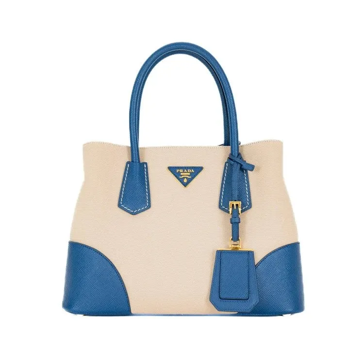 Prada Blue/Beige Canvas and Saffiano Leather Cuir Double Tote Bag Beige Canvas Very good - Back View