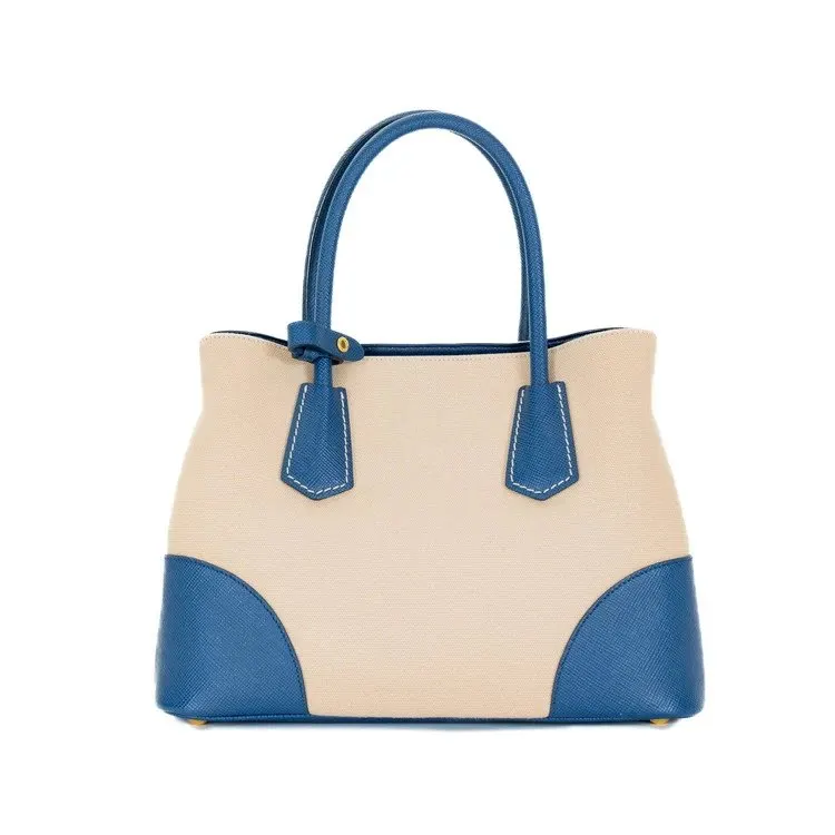 Prada Blue/Beige Canvas and Saffiano Leather Cuir Double Tote Bag Beige Canvas Very good - Inside View