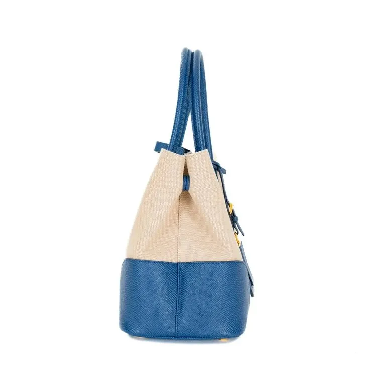 Prada Blue/Beige Canvas and Saffiano Leather Cuir Double Tote Bag Beige Canvas Very good - Model View