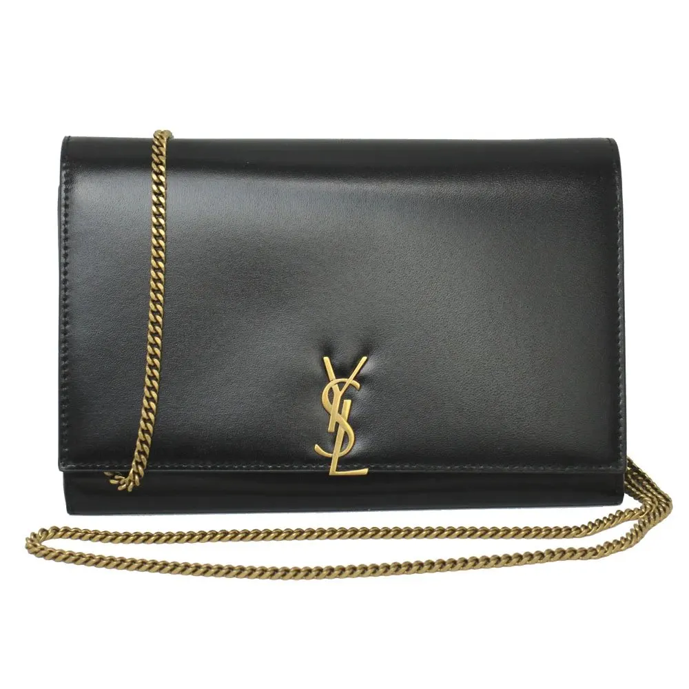 Saint Laurent Black Glossy Calfskin Monogram Chain Wallet Black Leather Very good - Front View
