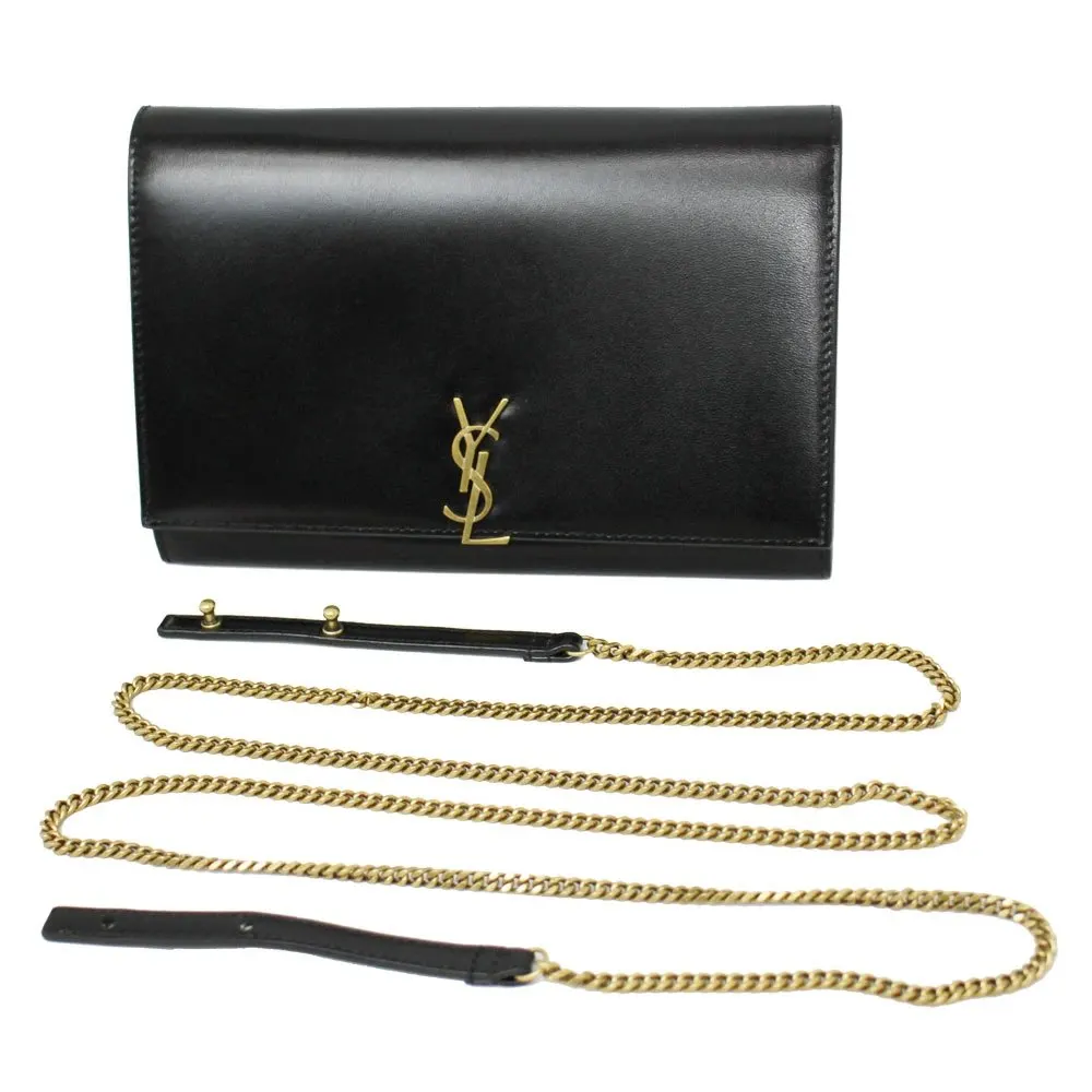 Saint Laurent Black Glossy Calfskin Monogram Chain Wallet Black Leather Very good - Back View
