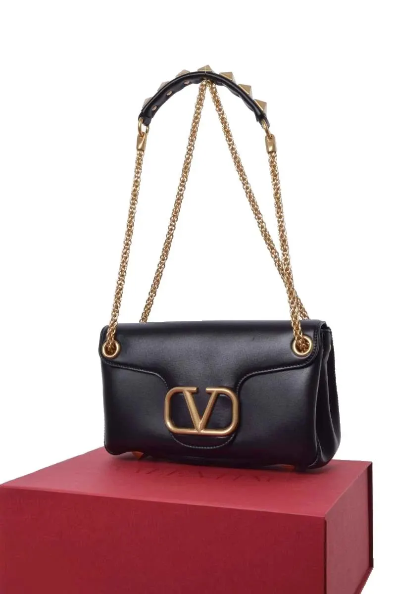 Valentino Black Leather VLogo Sign Shoulder Bag Black Leather Very good - Front View