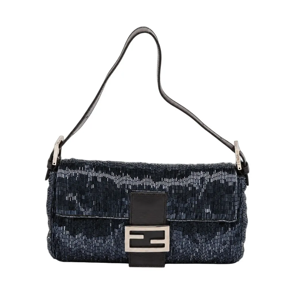 Fendi Beaded Baguette Navy Beaded Leather SHW Navy Leather Good - Front View