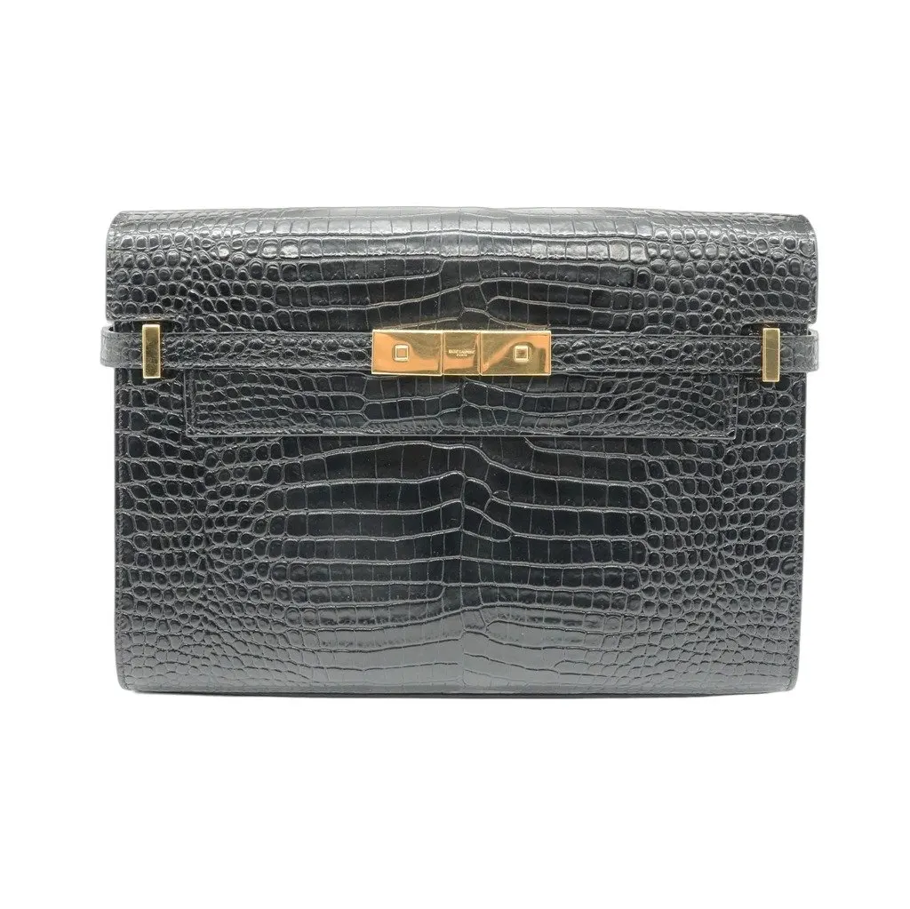 Saint Laurent Manhattan Shoulder Bag Black Crocodile-Embossed Shiny Leather
