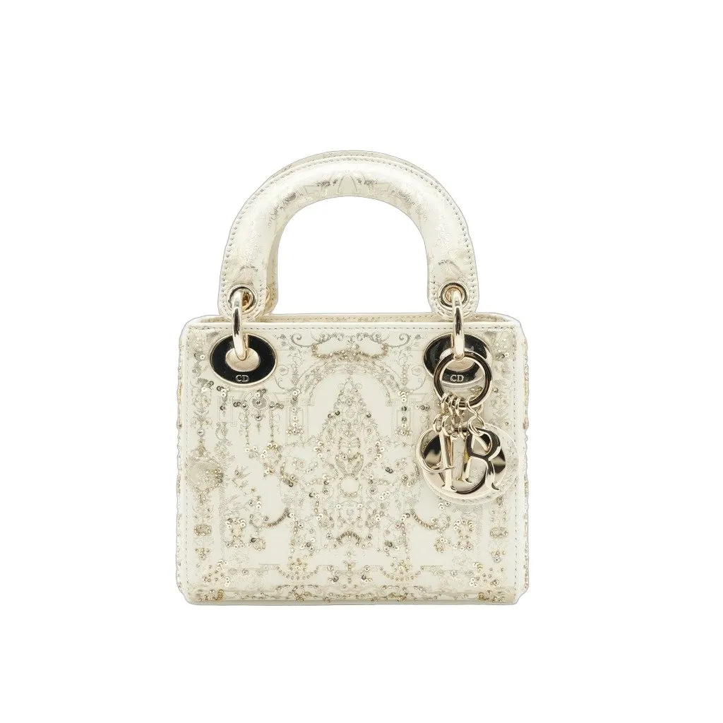 Dior Lady Dior Mini White Featuring Intricate Bead And Crystal Embroidery White Leather Never worn - Front View