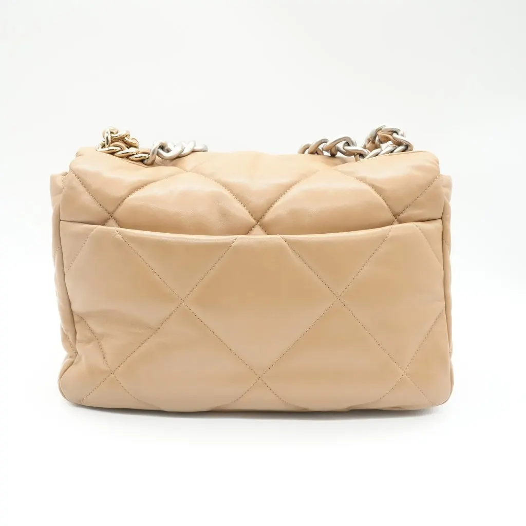 Chanel 19 Flap Large Beige Quilted Lambskin Leather Beige Leather Good - Back View