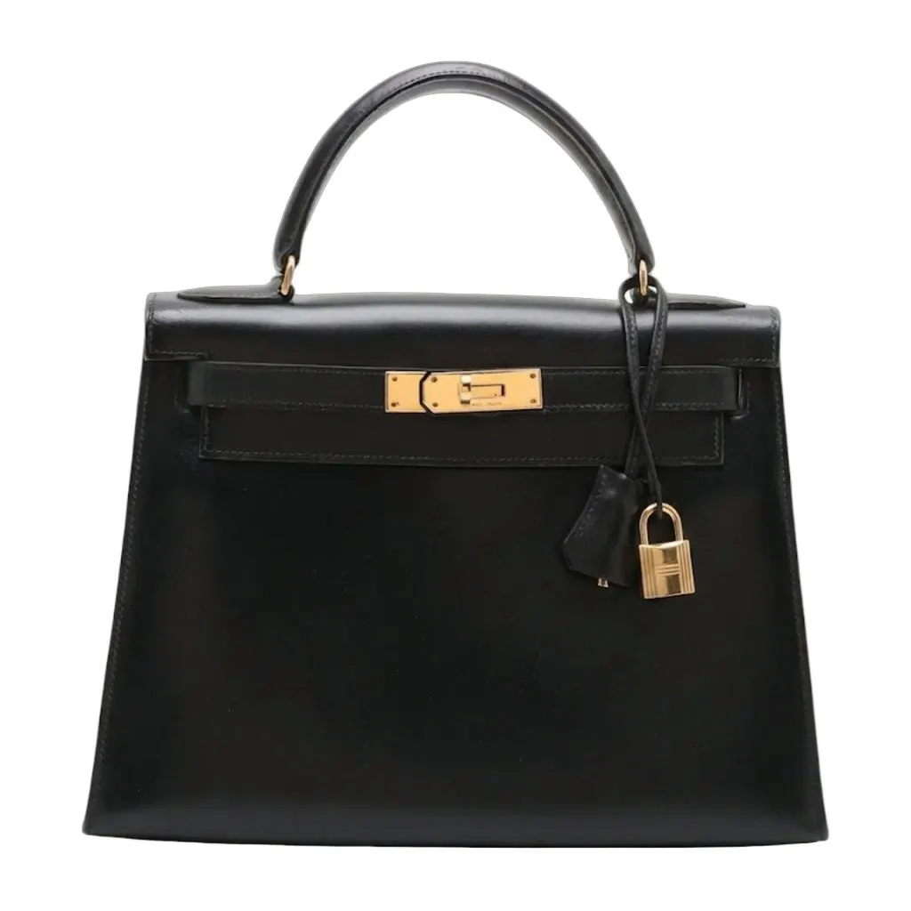 Hermès Kelly 28 Sellier Black Box Calf Gold Hardware Black Leather Good - Front View