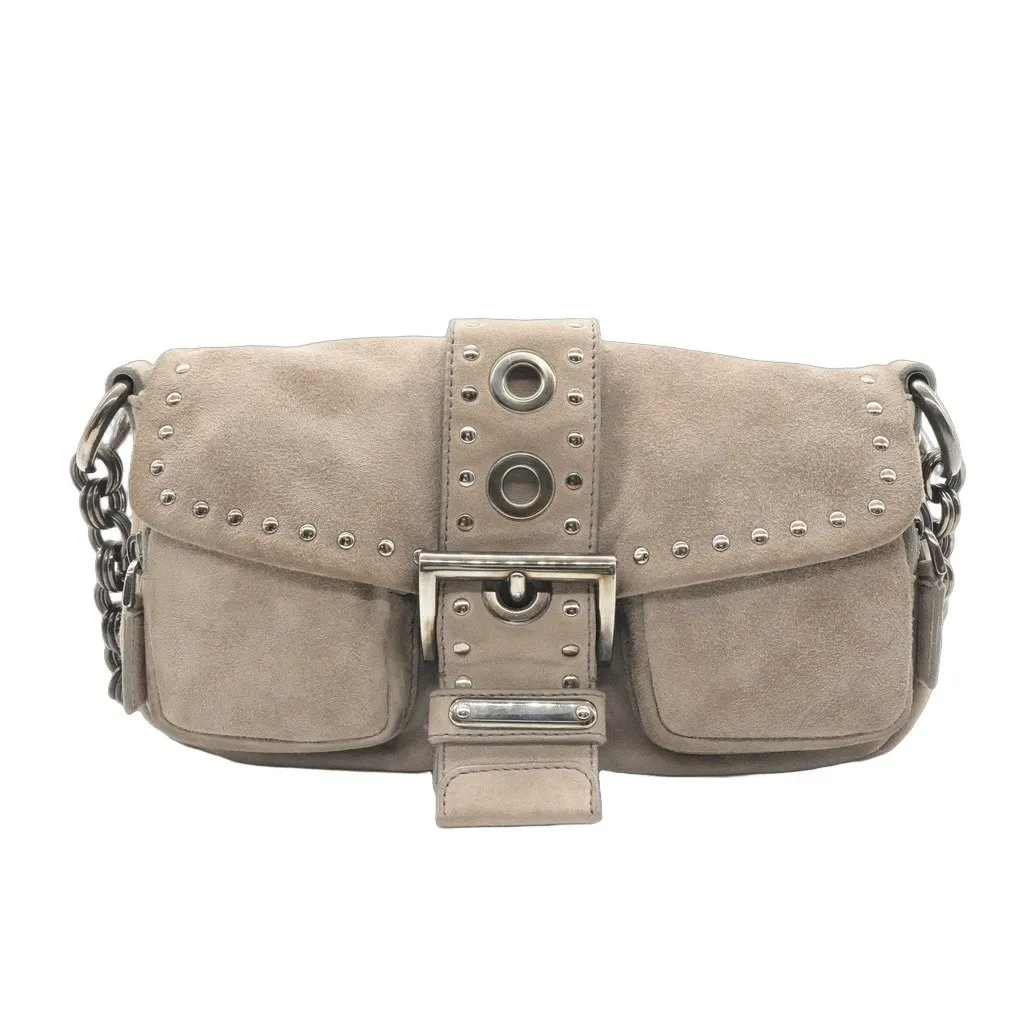Prada Scamosciato Grey Suede Leather Bag Camel Suede Good - Front View