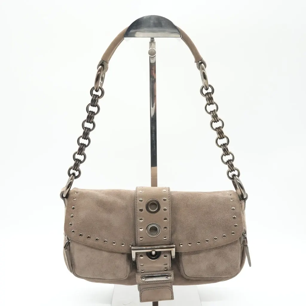 Prada Scamosciato Grey Suede Leather Bag Camel Suede Good - Box View