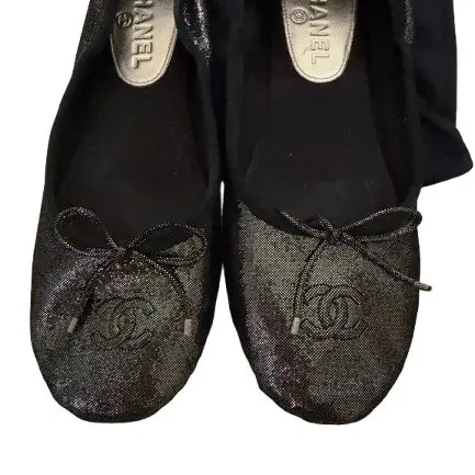 Chanel Chanel Black Metallic Fabric Ballet Flats Black Canvas Good - Back View
