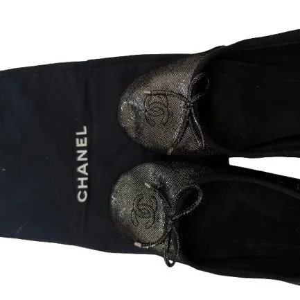 Chanel Chanel Black Metallic Fabric Ballet Flats Black Canvas Good - Inside View