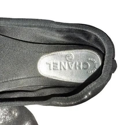 Chanel Chanel Black Metallic Fabric Ballet Flats Black Canvas Good - Box View