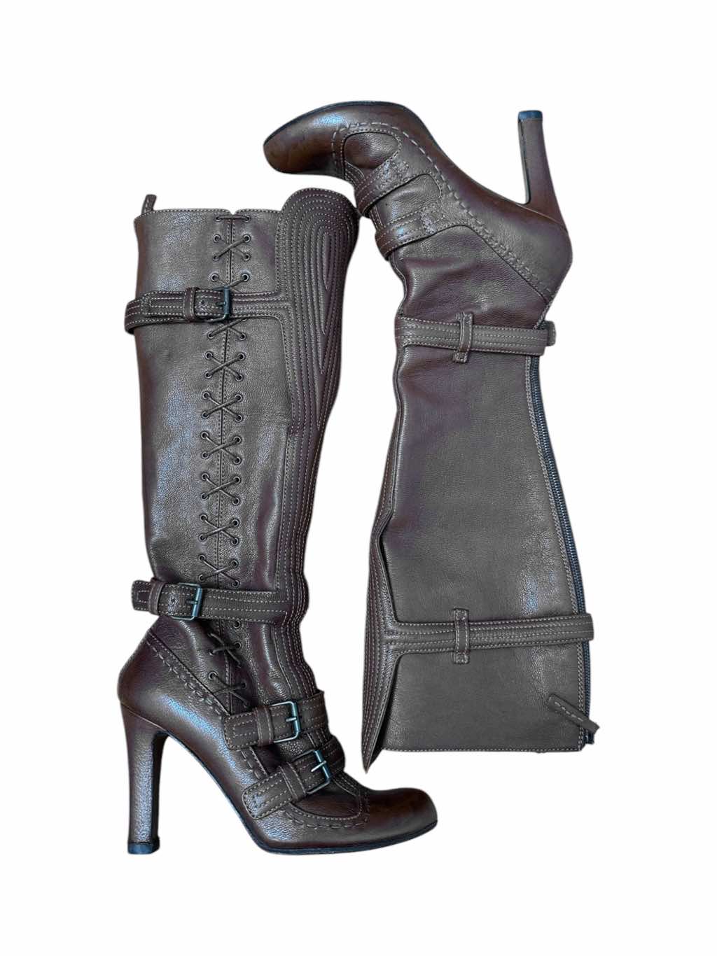 Alexander Mcqueen Lace Up Brown Leather Boots