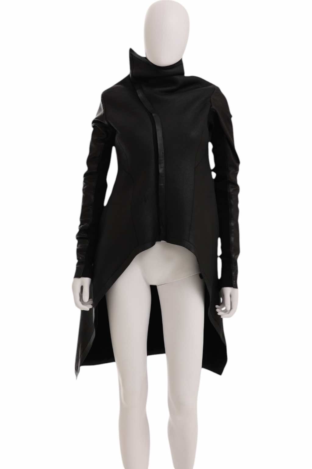 Rick Owens CRUST Black Leather Asymmetric Coat