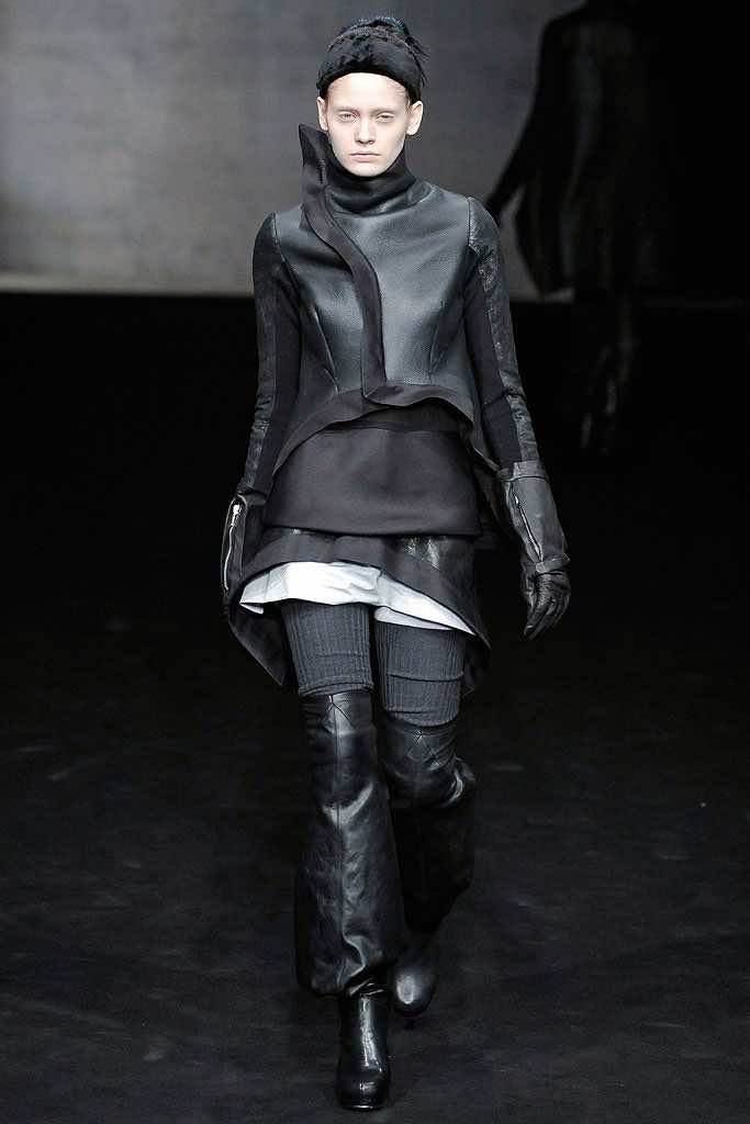 Rick Owens CRUST Black Leather Asymmetric Coat - Back view