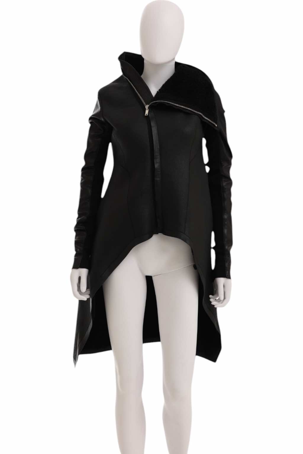 Rick Owens CRUST Black Leather Asymmetric Coat - Image 6