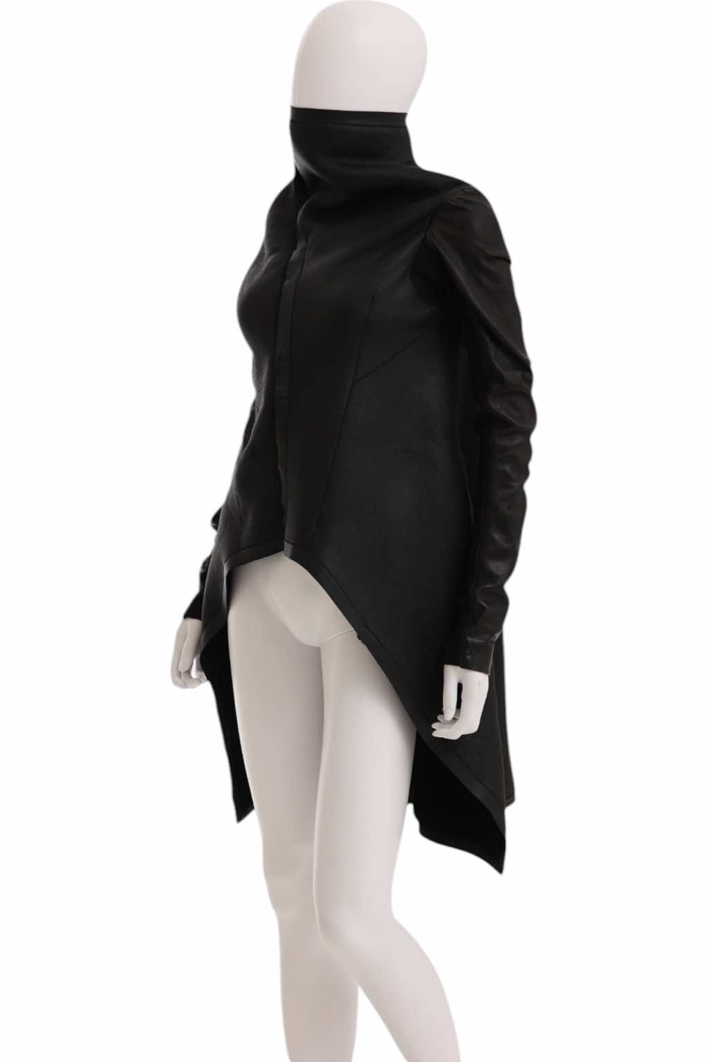 Rick Owens CRUST Black Leather Asymmetric Coat - 4