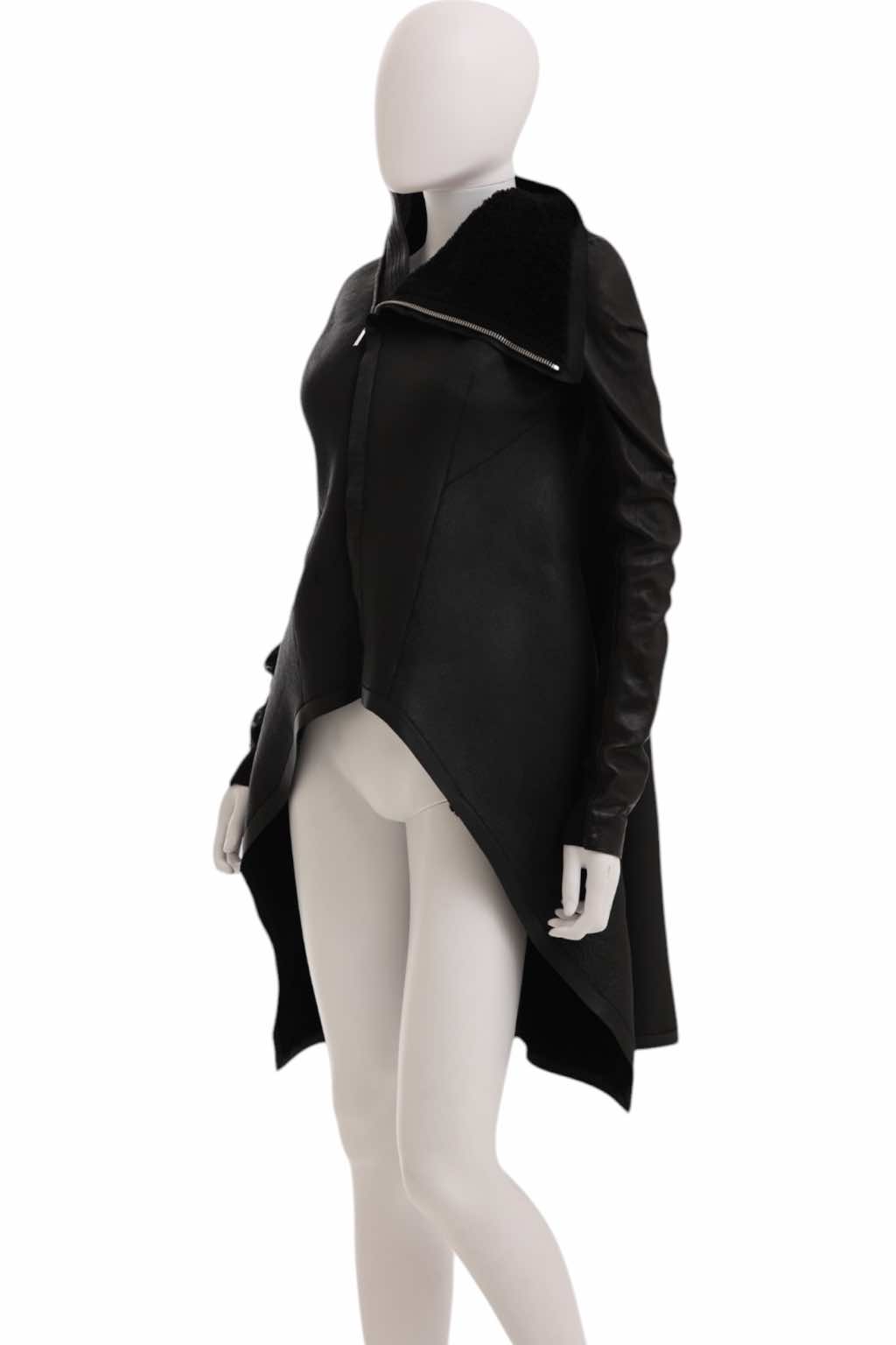 Rick Owens CRUST Black Leather Asymmetric Coat - Side view
