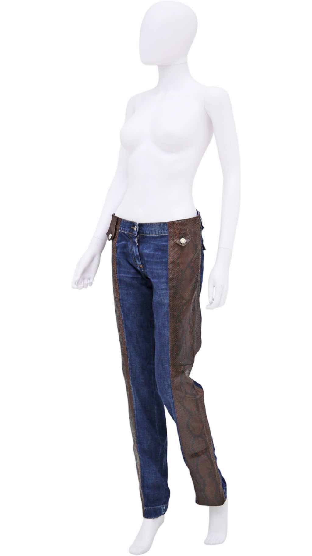 Dolce & Gabbana Brown Python Leather Patched Blue Jeans - Side view