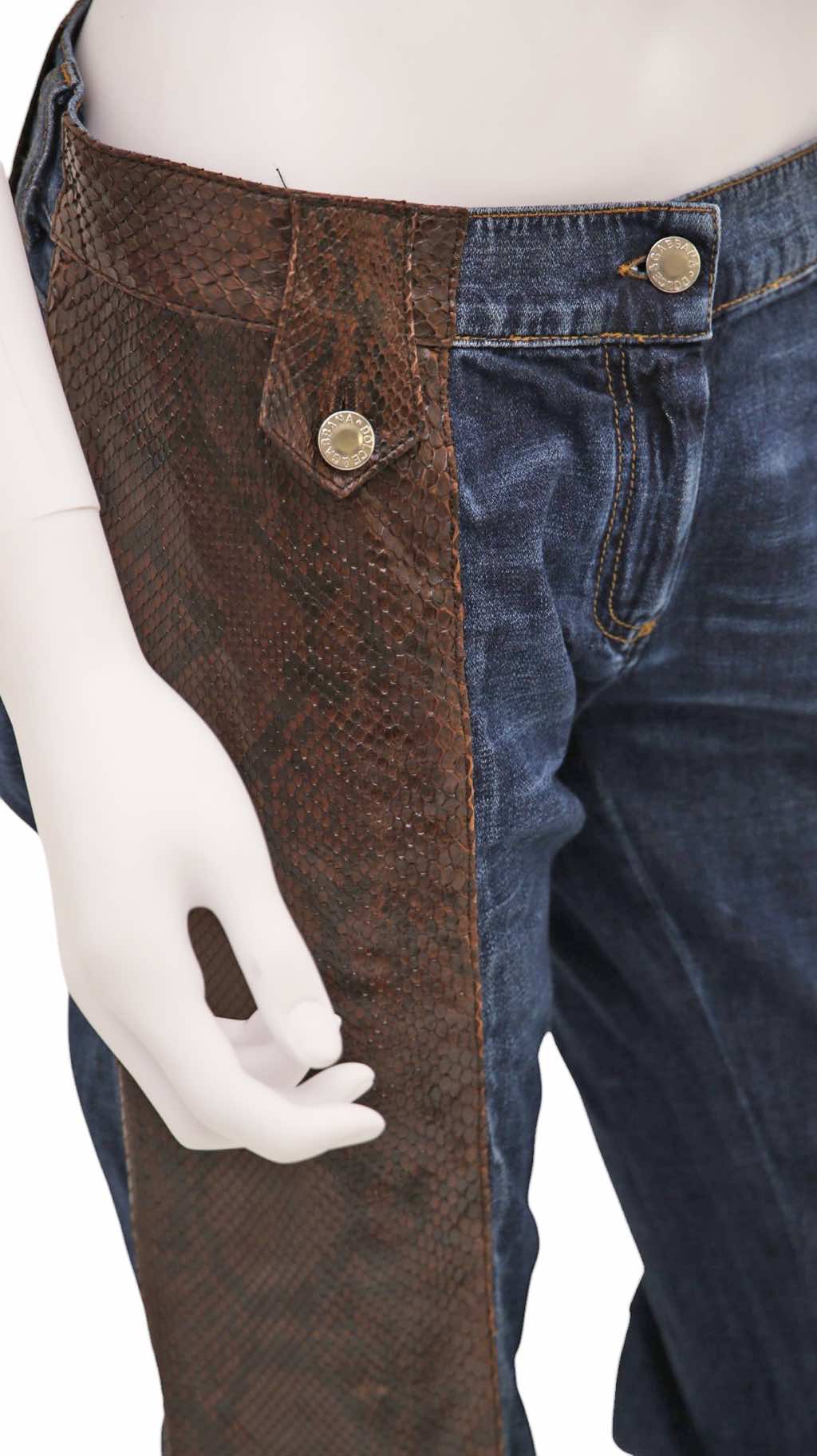 Dolce & Gabbana Brown Python Leather Patched Blue Jeans - Detail 2