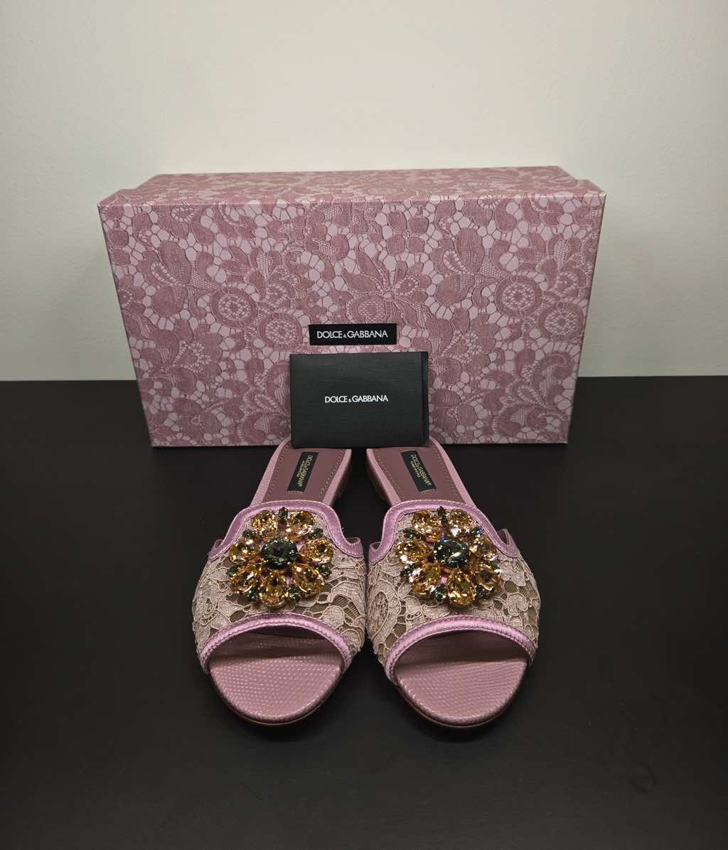 Dolce & Gabbana Lace rainbow sliders with brooch - Image 12