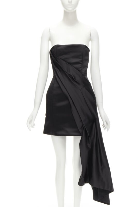 Halpern Black Satin Draped Dress