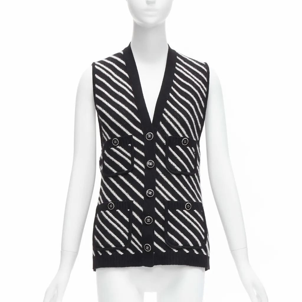 Chanel Striped Pocket Vest Black Cashmere Never worn - Front View