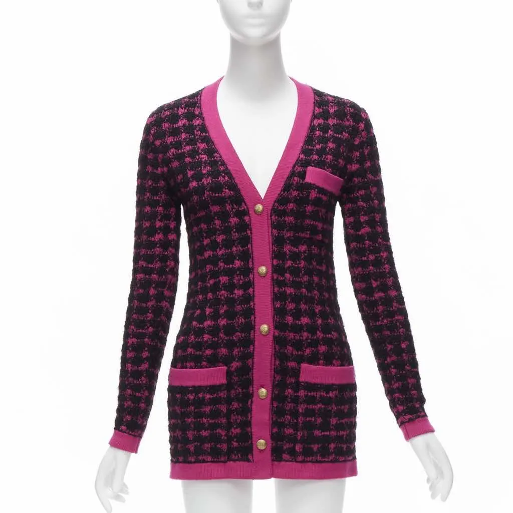 Saint Laurent Houndstooth Cardigan Pink Wool Never worn - Front View