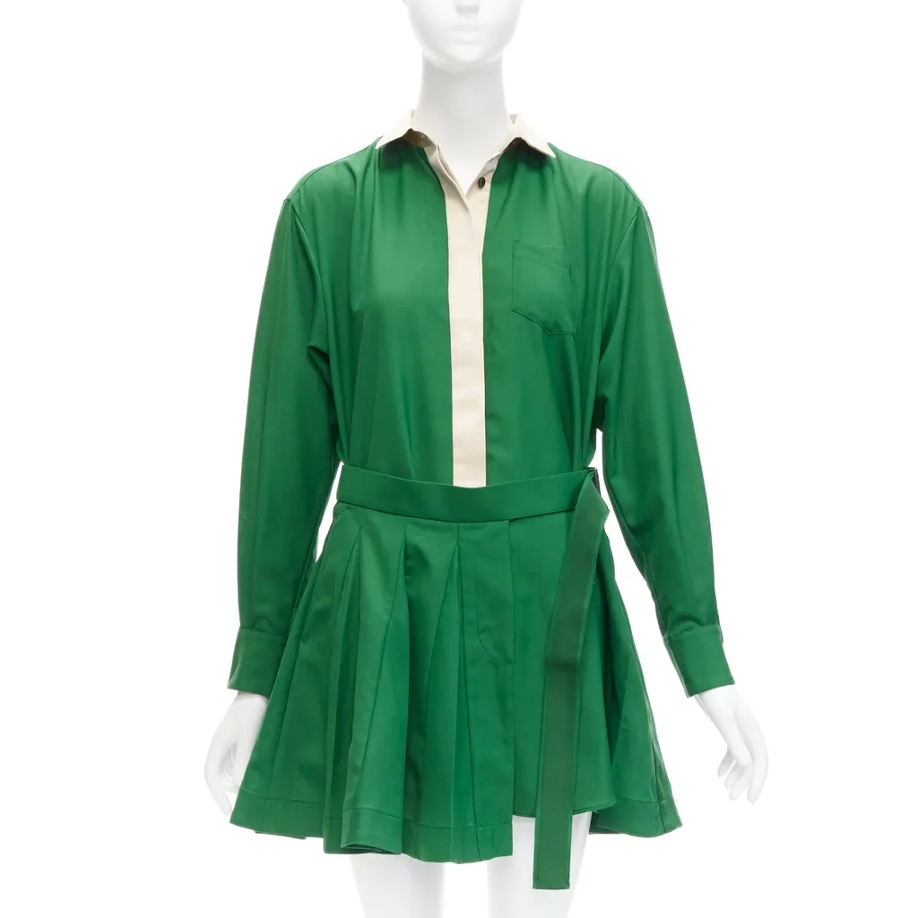 Sacai Satin Pleated Dress Green Polyester Never worn - Front View